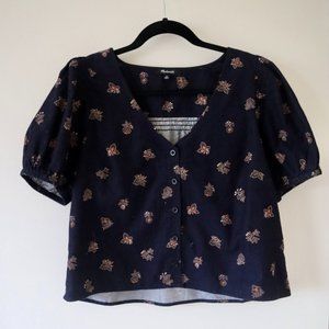 Madewell Corduroy Bubble-Sleeve Crop Shirt in Britannica Blockprint